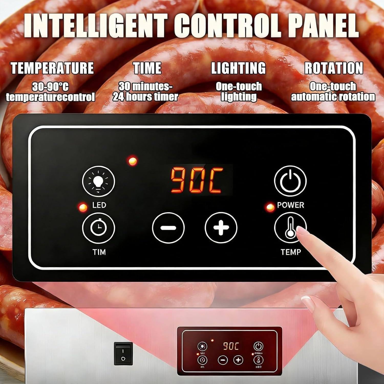 Domowa suszarka do żywności 800W, Obrotowa suszarka do mięsa 360°, Komora do dojrzewania mięsa, Maszynka do jerky wołowego, Szafka susząca, Regulacja 30-90°C, W zestawie 10 półek, 14 haków