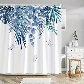 Waterproof Shower Curtain 1 Tropical Leaves And Butterflies Shower Curtain - Light Blue Green Watercolor Botanical Pattern With Hooks Machine Washable(200x180cm)