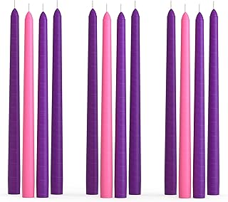 CANDWAX 10 Inch Advent Taper Candles Set of 12 - Long Burning Dripless Unscented Tapers - Perfect for Advent Wreaths, Christmas Décor - 9 Purple Tapers, 3 Pink Tapered Candles