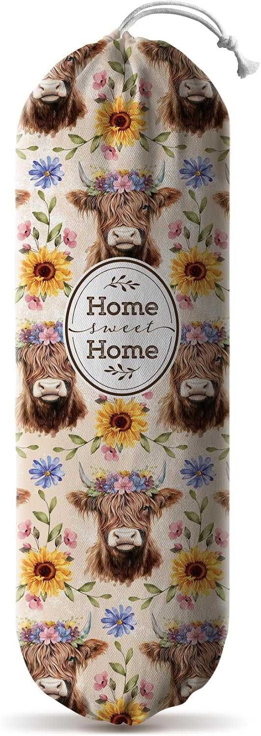 Hglian Plastic Bag Holder Retro Highland Cow and Flowers Grocery Bag Holder Storage Organizer Extra Large