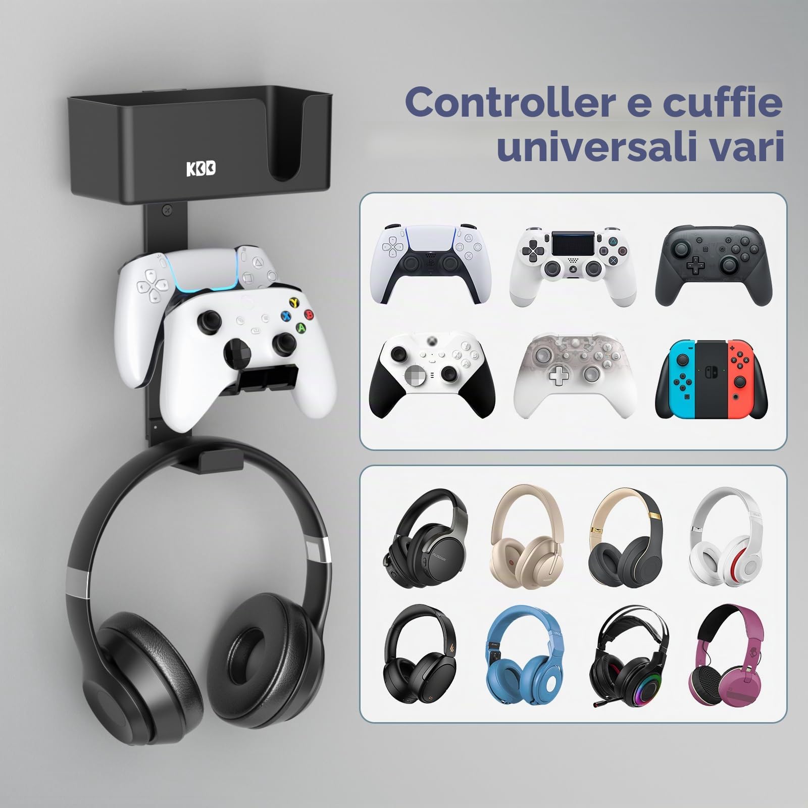 KDD 4 in 1 Supporto Parete per Controller, Doppio Porta Controller per PS5/PS4/Xbox e Cuffie con Cuscinetti Antiscivolo, Rimovibile Mount per TV Telecomando