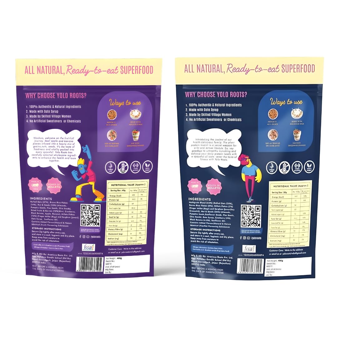 Yolo Roots Vegan Pro Protein Muesli 400g & Fruits & Nuts Muesli 400g Combo, No Added Sugar, Gluten Free, High Fiber Breakfast Cereal with Multigrains, Almonds, Fruits & Seeds, Healthy Energy Food (Pack of 2) 1