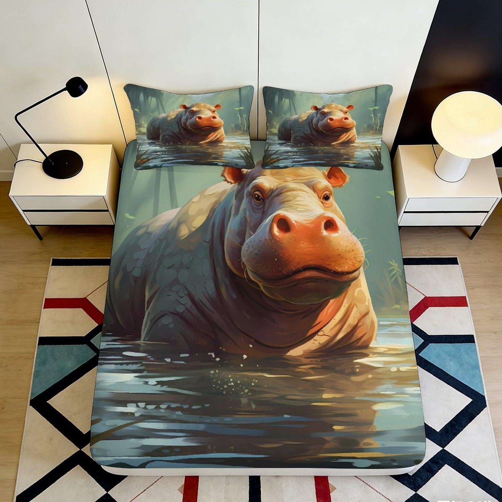 3D Printed Hippo Pattern Fitted Sheet Microfiber Soft Durable Animal Print Bed Cover for Bedroom Dormitory Guest Room Mattress Protection 140x200x25cm