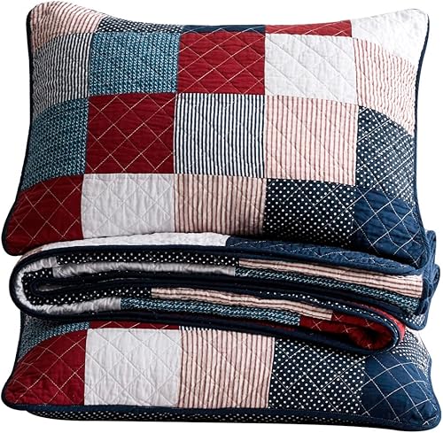 Vista 87 de Chezmoi Collection Samuel Juego de colcha con relleno de cuadros gris pardo, blanco y azul marino, 3 piezas, retales, algodón prelavado, ligero