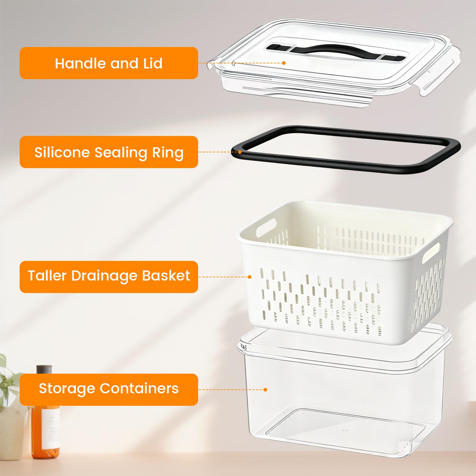 Juego de 5 recipientes herméticos para frutas y verduras, cajas de almacenamiento con tapa y colador, recipientes herméticos a prueba de fugas para guardar frutas
