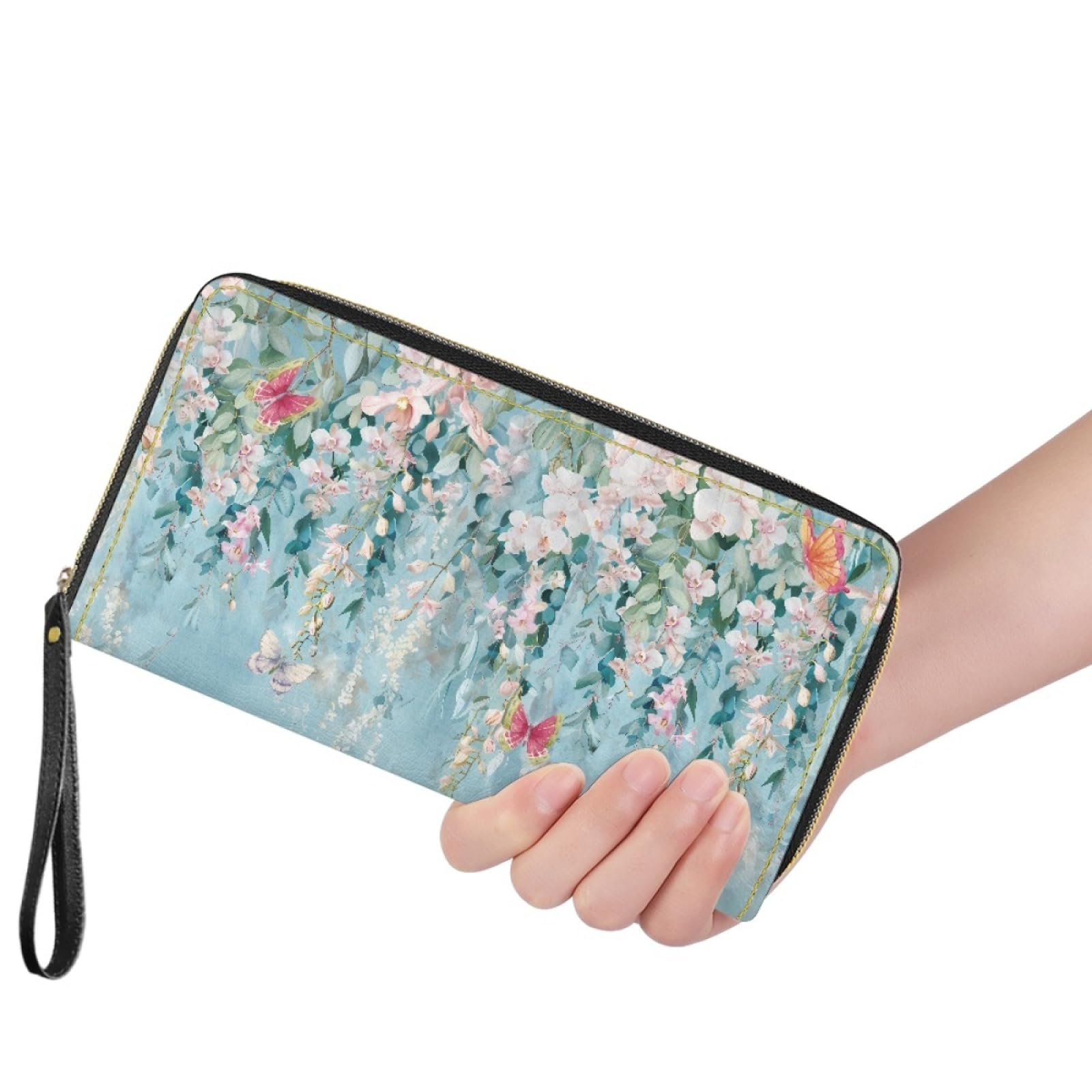 Portfel damski z portfelem na karty damskie, trwały, lekki i praktyczny portfel skórzany z kilkoma przegródkami i zapinanym na zamek etui na karty, Niebieski Kwiat Nieba, 11x20cm/3 Pièce, Nowoczesny