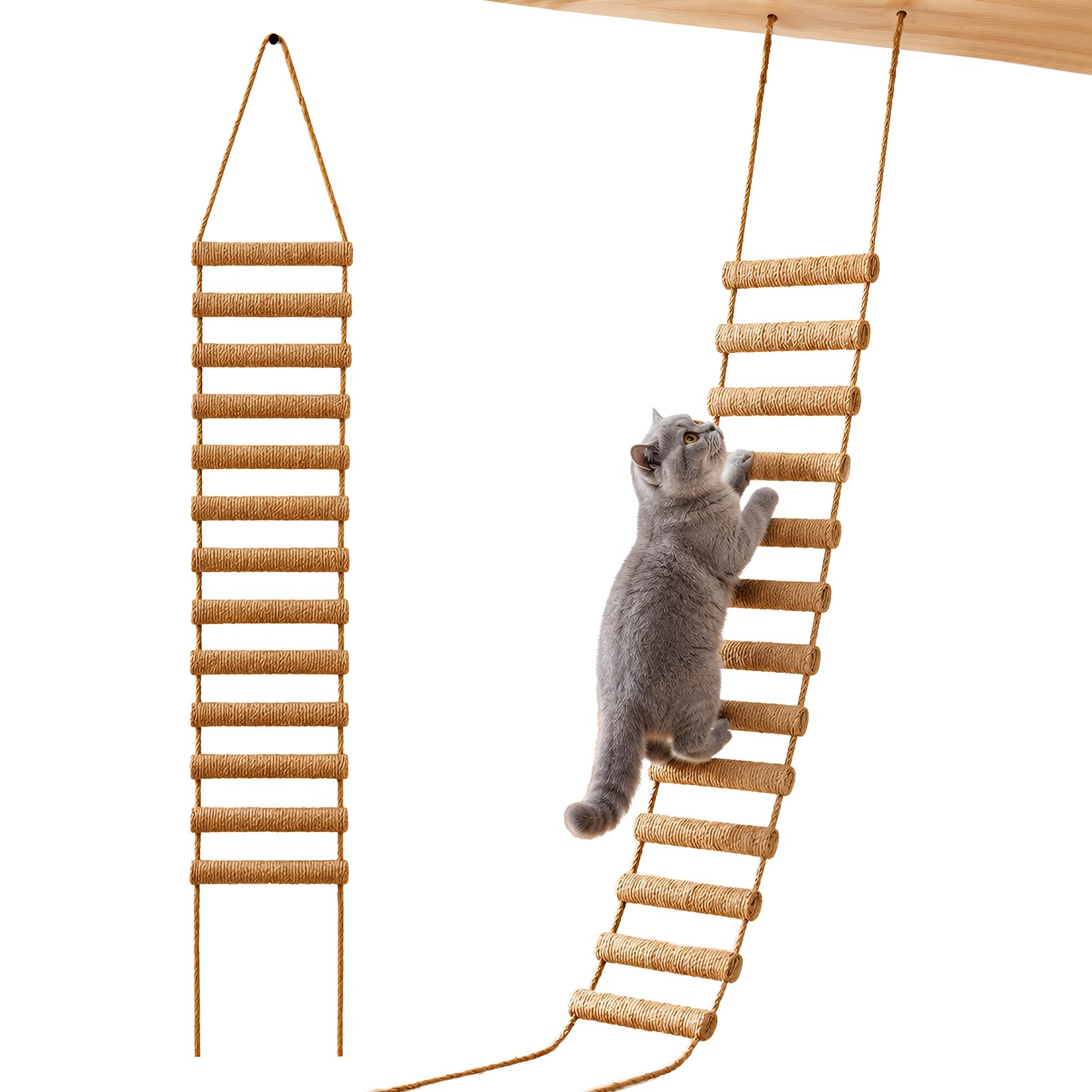 Wall-Mounted Cat Ladder, 180 cm Wooden Cat Bridge with 13 Jute-Wrapped Rungs, Flexible Rope Cat Wall Furniture for Indoor Cats, 3-in-1 Climbing Ladder, Walkway and Hammock