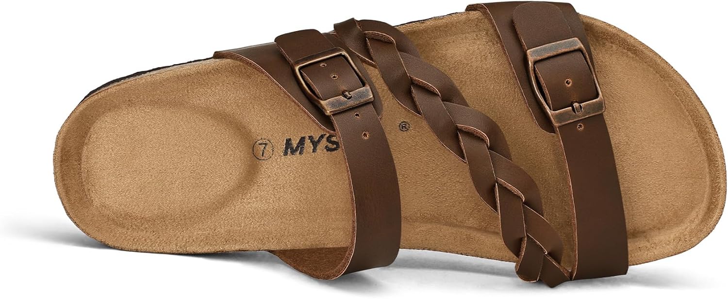 mysoft Womens Braided Cork Sandals Flat Adjustable Buckle Slides Slip-On Summer Shoes