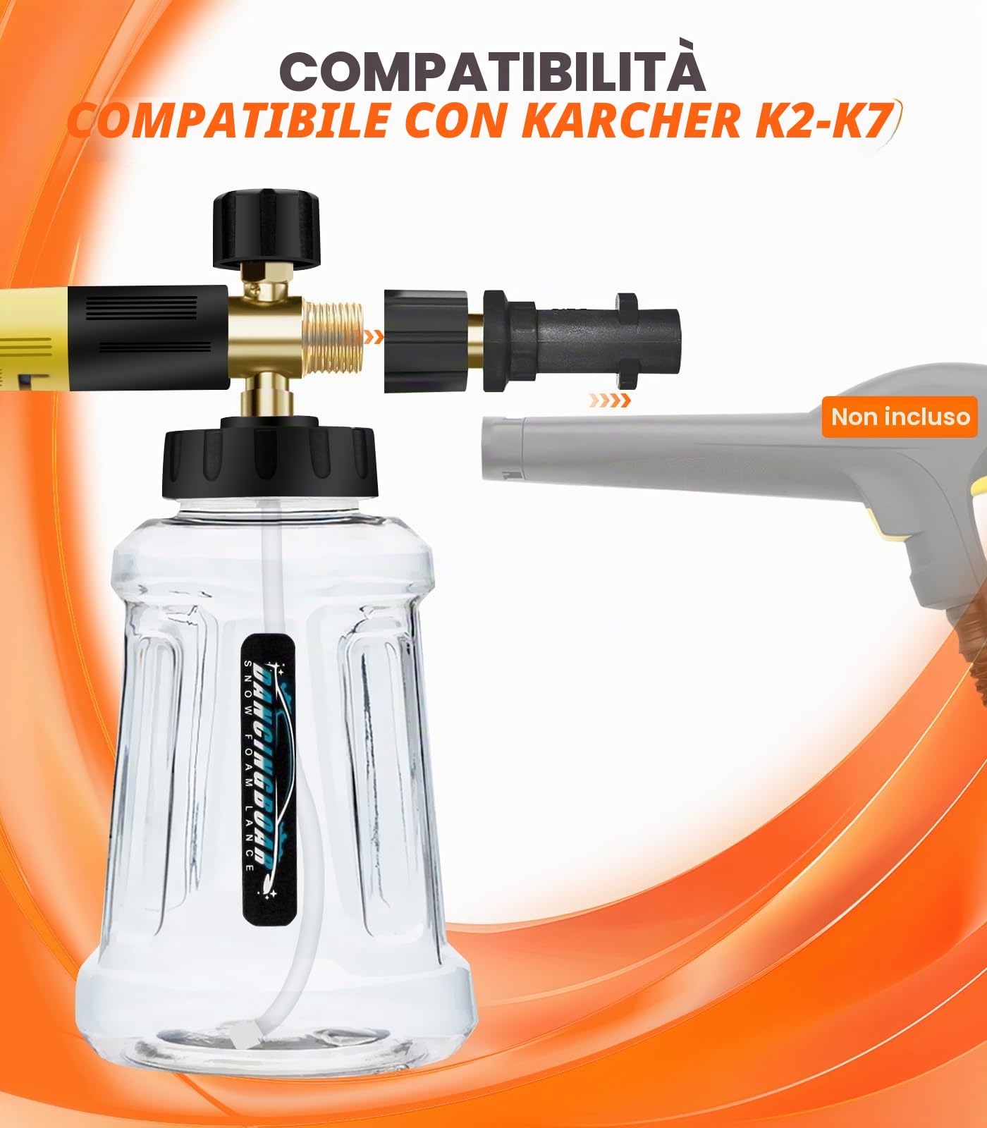 Lancia Schiuma da Neve Cannone Schiuma per Karcher Serie K K2 K3 K4 K5 K6 K7 Pistola Idropulitrice, 1L Dispenser di Sapone con Ugello Spray Regolabile Aggiornato per Autolavaggio (Nero e Giallo)