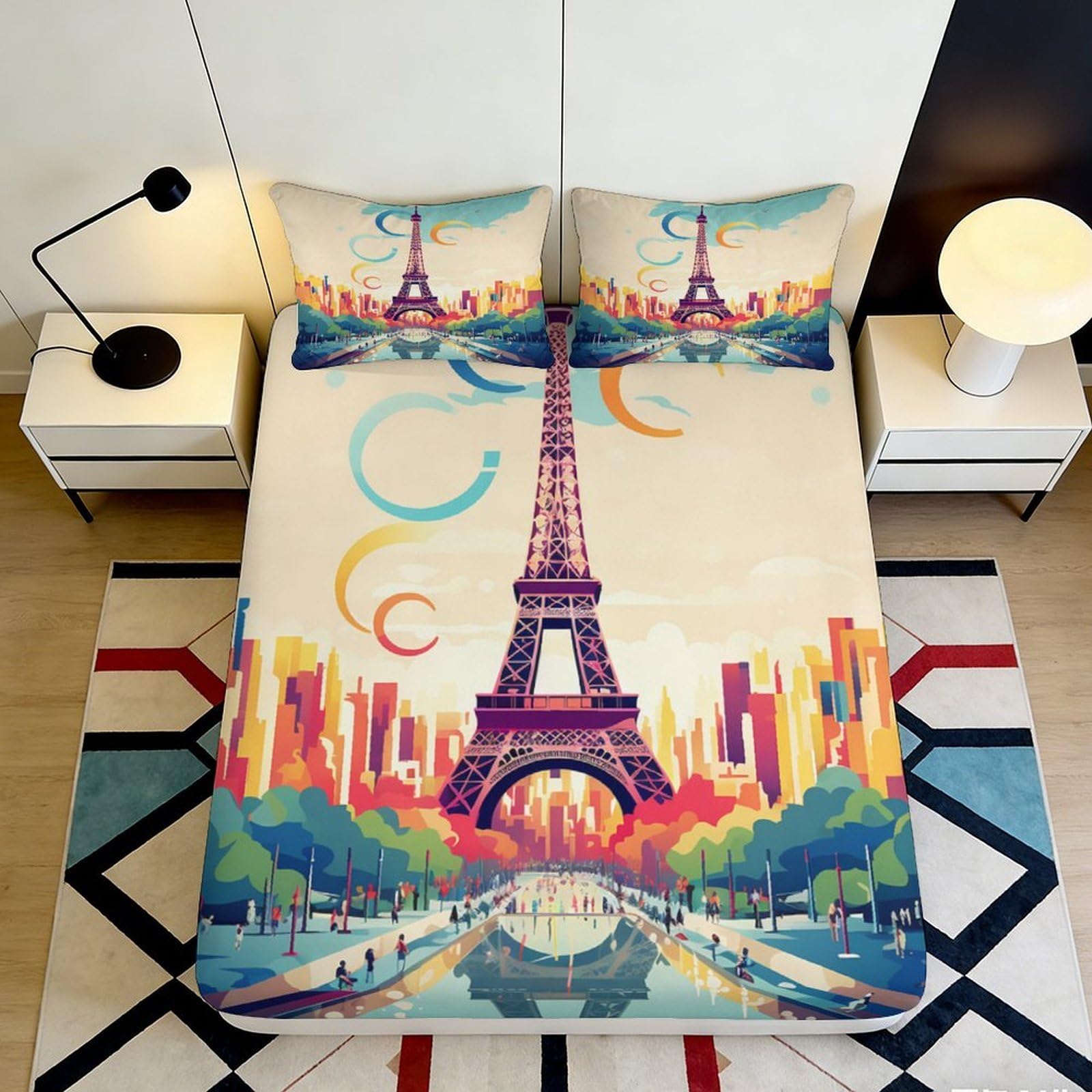 3D Printed Eiffel Tower Cityscape Fitted Sheet Microfiber Soft Colorful Paris Mattress Cover for Bedroom Decor 90x200x25cm