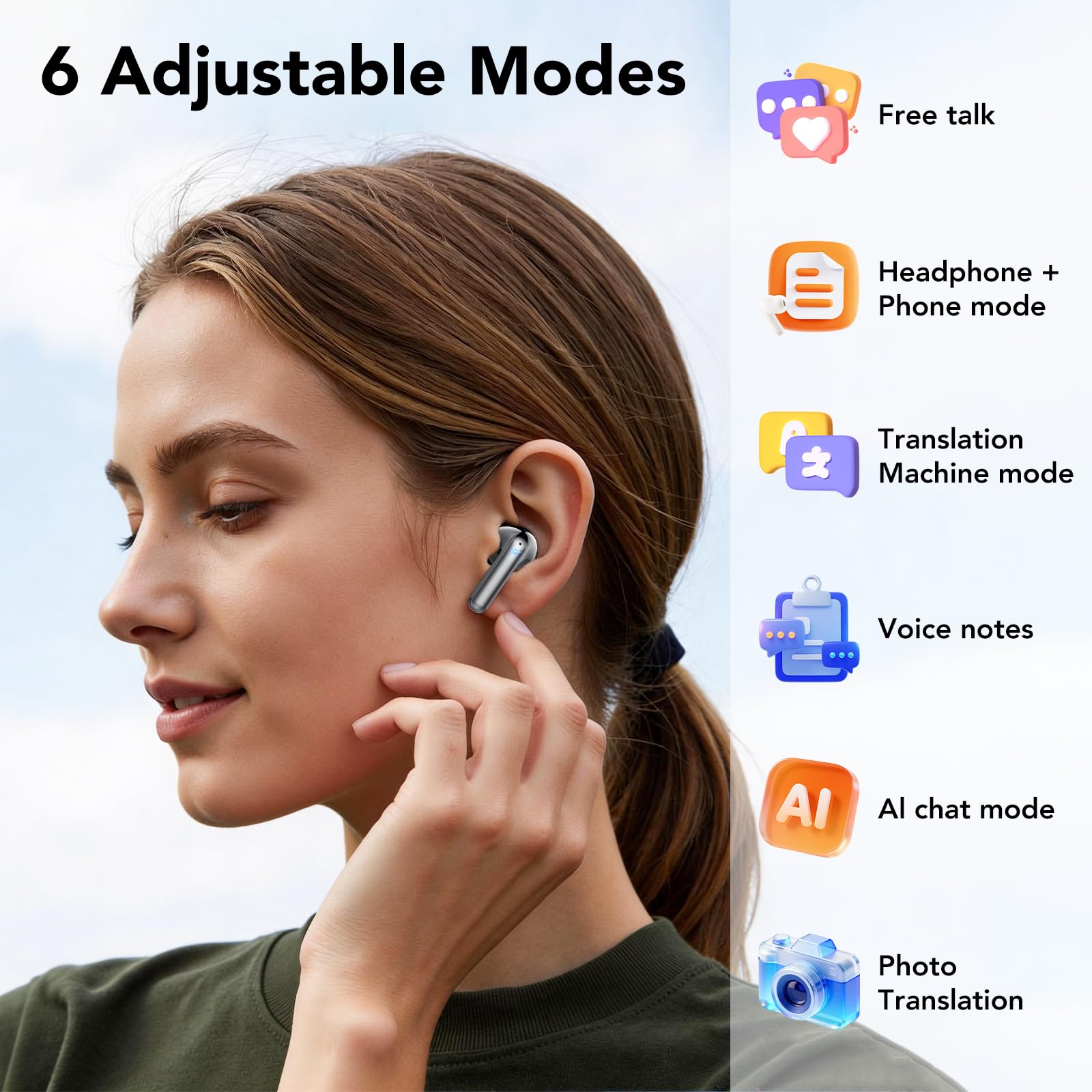 2026 AI Ecouteur Traducteur Instantané, 50H Traducteur Vocal Temps Réel Sans Fil avec 164 Langues, IPX7 Étanche Casque, 4 ENC Appel Réduction Antibruit Mic, Basses Profondes for iOS Android (Noir)