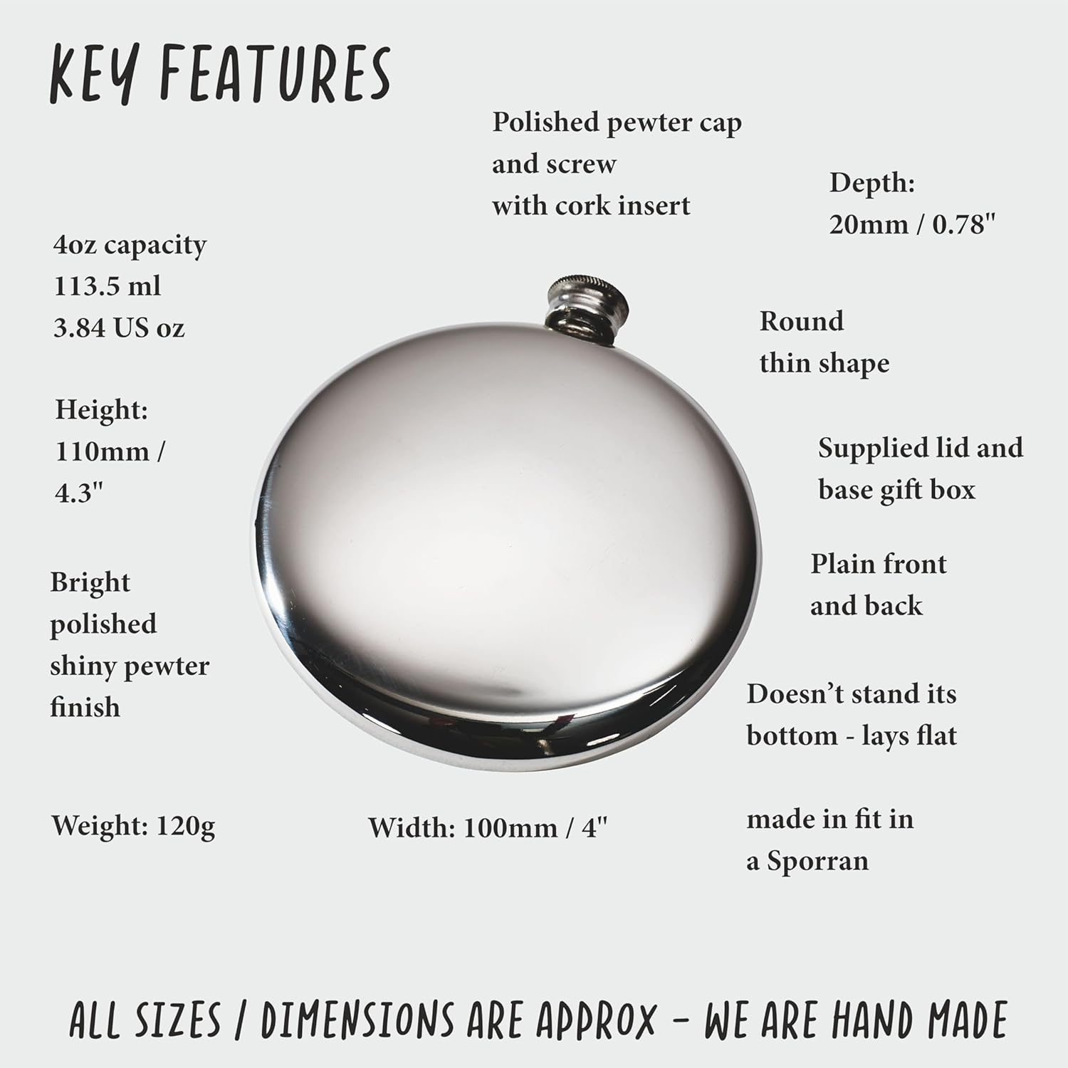 Wentworth Pewter - Plain Polished Round Pewter Sporran Flask, Spirit Flask, 4oz Capacity (Customized)