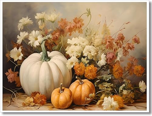 Wodkodnxy Lienzo decorativo para pared de otoño de granja, calabazas blancas y naranjas, cuadros de pintura de naturaleza muerta, carteles rústicos