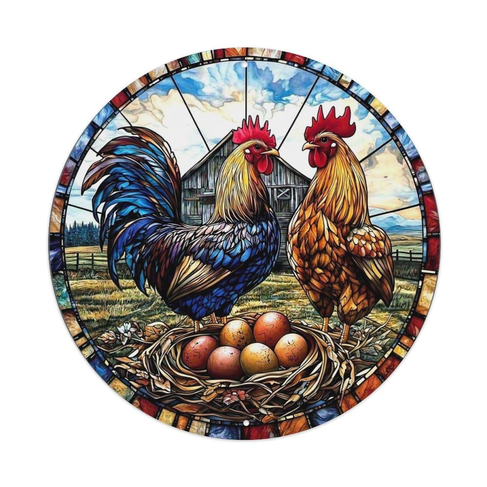 Rooster Hen Nest Eggs Barn Retro Metal Sign Round Tin Sign, Vintage Decor Art Poster for Bar, Home, Man Cave, Kitchen, Laundry Room Gift 8x8Inch