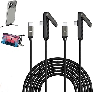 SYOSI Sideways Phone Charger, 2 in 1 Fast Charging Cable with Built in Phone Stand, 240W USB C Right Angle Cord for Smartphones Tablets, Invisible Holder for Desk Gaming, Black, 2 Pcs