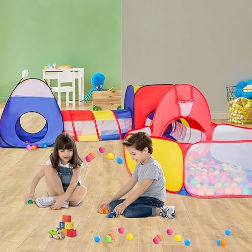 Miniatura 4 de wilwolfer Tienda de campaña de juego para niños pequeños de 5 piezas con 1 hoyo de pelotas de bebé, 2 túneles de gateo para bebés, 2 tiendas de