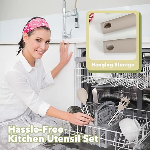 Miniatura 5 de Juego de utensilios de cocina grandes, juego de espátulas de 35 piezas con soporte, juego de utensilios de cocina de silicona con mango de acero