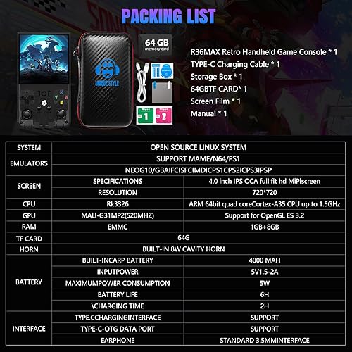 Miniatura 8 de R36MAX - Consola de juegos retro, compatible con más de 18,000 juegos clásicos, pantalla IPS de 4.0 pulgadas, resolución de 720 x 720, batería