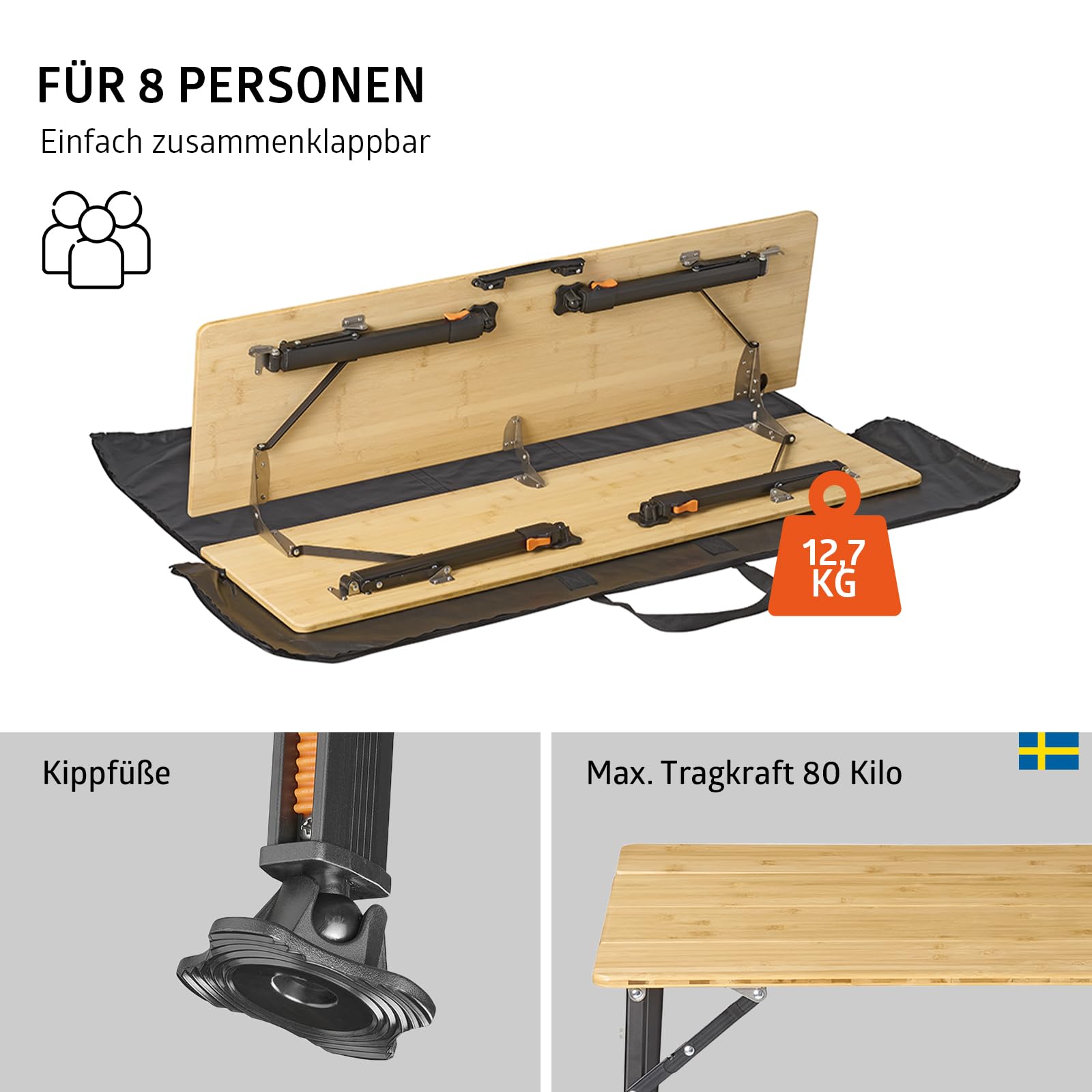 Campout Campingtisch - 120 x 70 x 70 cm - Gartentisch - Klappbarer Campingtisch - Klapptisch - 3-Fach Höhenverstellbar - Inkl. Tragetasche - Bambus