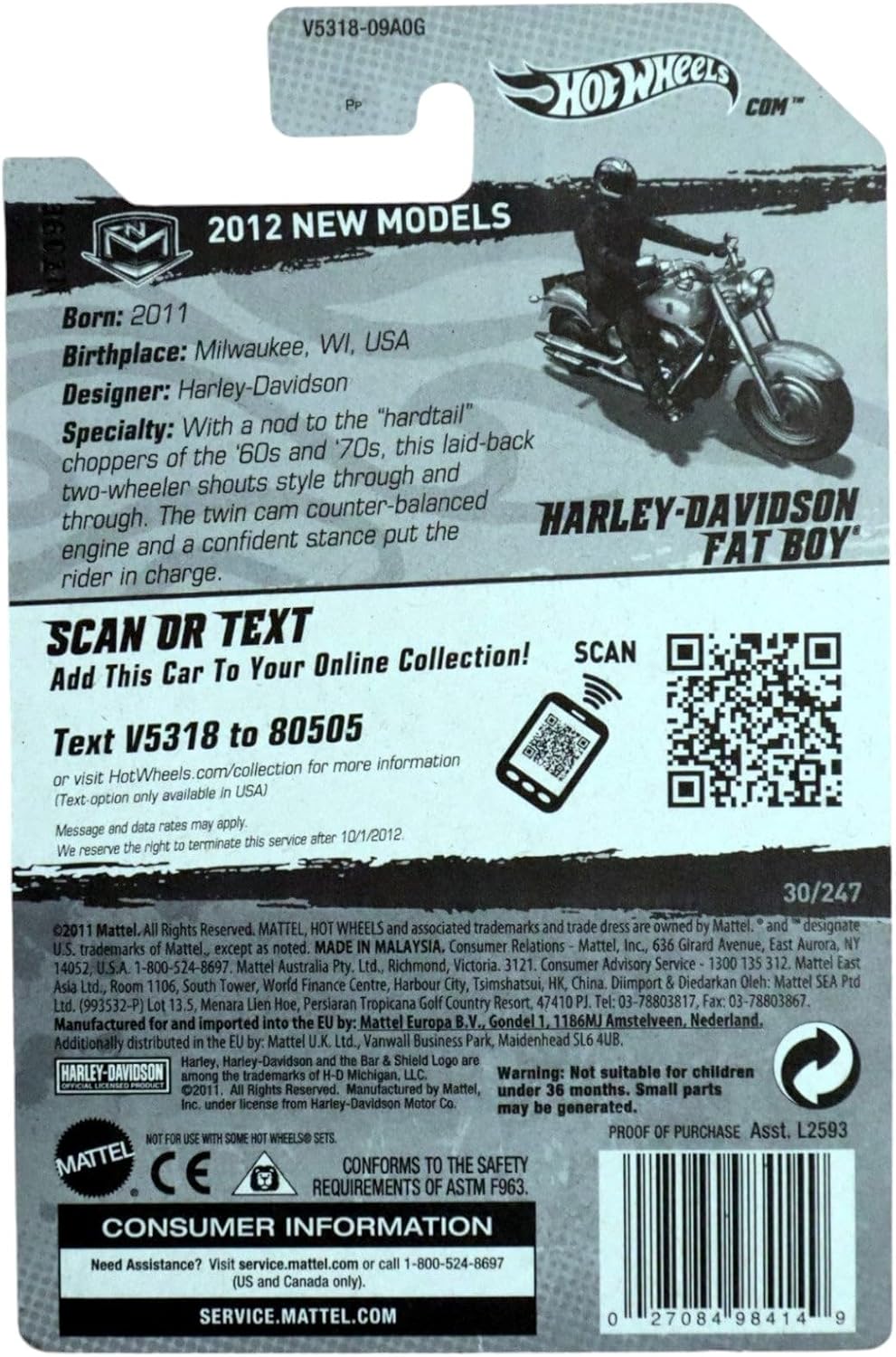 Mattel Hot Wheels Harley Davidson Fat Boy, 2012 New Models 30/50 [Yellow] 30/247
