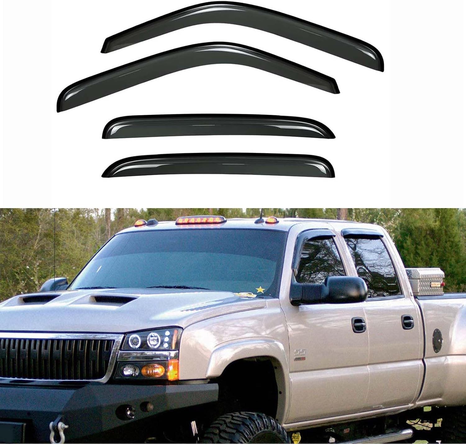 4pc Outside Mount Sun/Rain Guards Window Visor Compatible with 01-06 Chevy Silverado/GMC Yukon/Cadillac Crew Cab Wind Deflector 94355