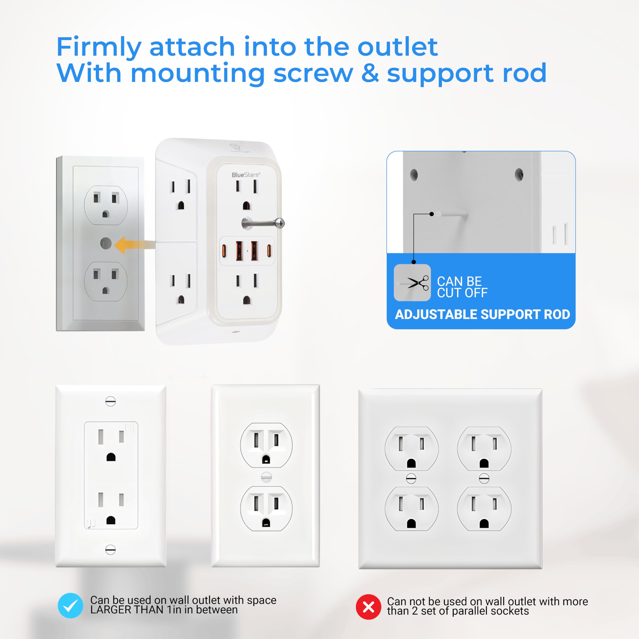 Cargador de pared USB con protector de sobretensiones de enchufe múltiple con 4 puertos USB y luz nocturna tira de alimentación de 3 lados con adaptador de tomas espaciadas