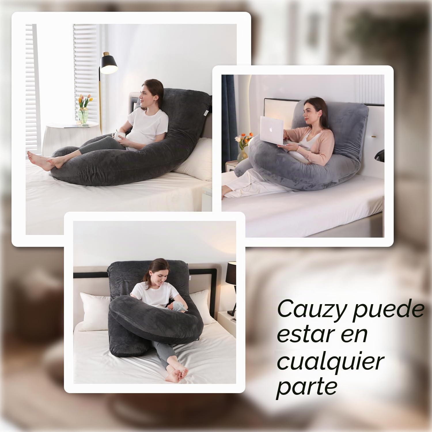 ALLOPERA, cojín de Embarazo 145 cm – Soporte para piernas, Espalda, Cuello, Hombros, Caderas, Abdomen para Mujeres Embarazadas, con Funda extraíble y Lavable de Terciopelo (Gris-Negro)