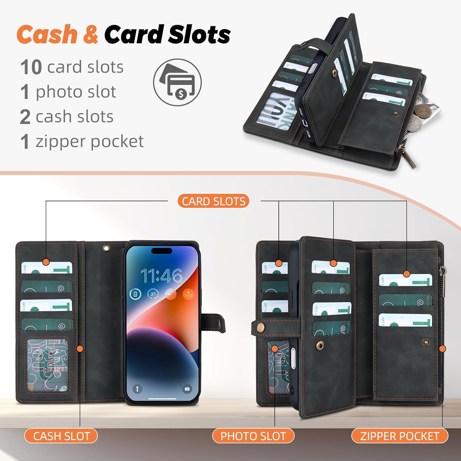 TwoHead Wallet Case Compatible with iPhone 17 Pro Max,Detachable,Magnetic,11 Cards Holder,PU Leather All-Round Protective Phone Case with Change Pocket(6.9 in,Black)