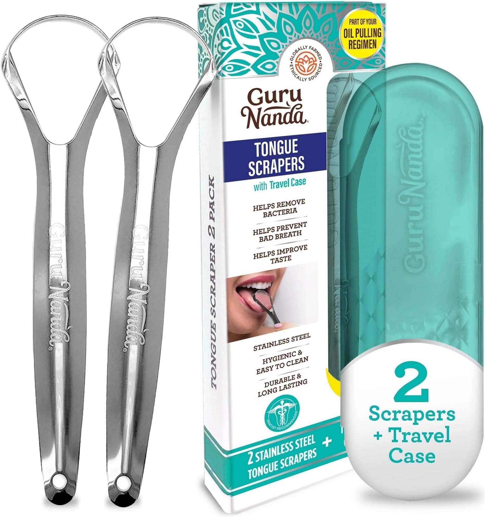GuruNanda Stainless Steel Tongue Scraper (Pack of 12), Fight Bad Breath, Medical Grade 100% Stainless Steel Tongue Cleaner, Tongue Scraper for Adults and Kids, Great for Oral Care, Travel Friendly