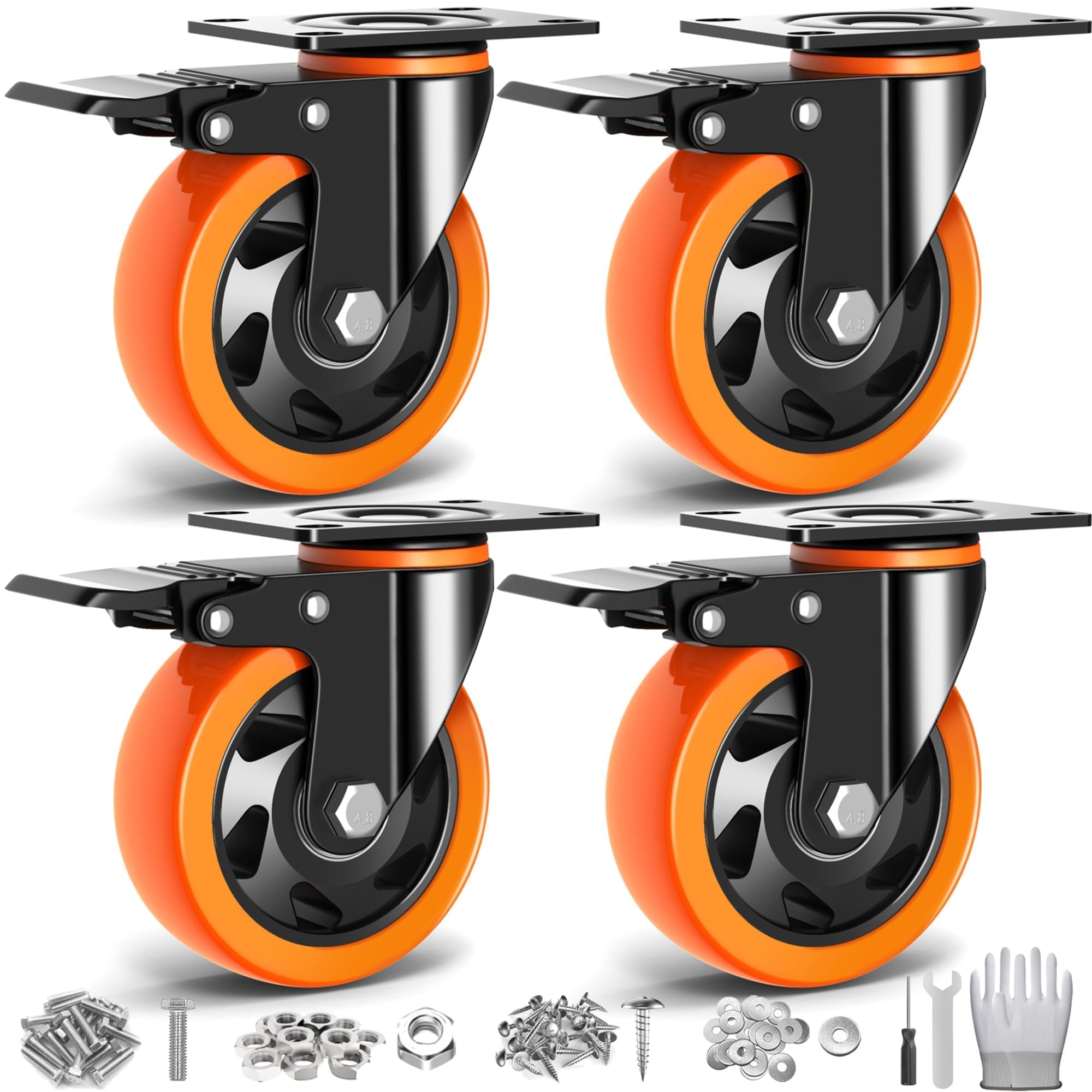 Sohnvwtgd Orange 4 Inch Casters Set Of 4 Heavy Duty, Casters Wheels With Brake Load 2200Lbs, Locking Swivel Top Plate Caster, Industrial Castor Wheels For Carts, Furniture And Workbench(Hardware Kit)
