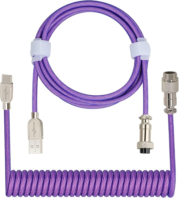 Twozoh USB C Mechanical Keyboard Coiled Cable, Braided Double Sleeved Type C Keyboard Detachable Aviator Cable (Purple)