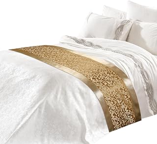 Golden Bed Runner 19.7 x 94.5 Inches, Luxury Hotel Bed Scarf, Golden Floral Pattern Bed Throw, Chinese Style Bedding Decoration for Bedroom, Guest Room