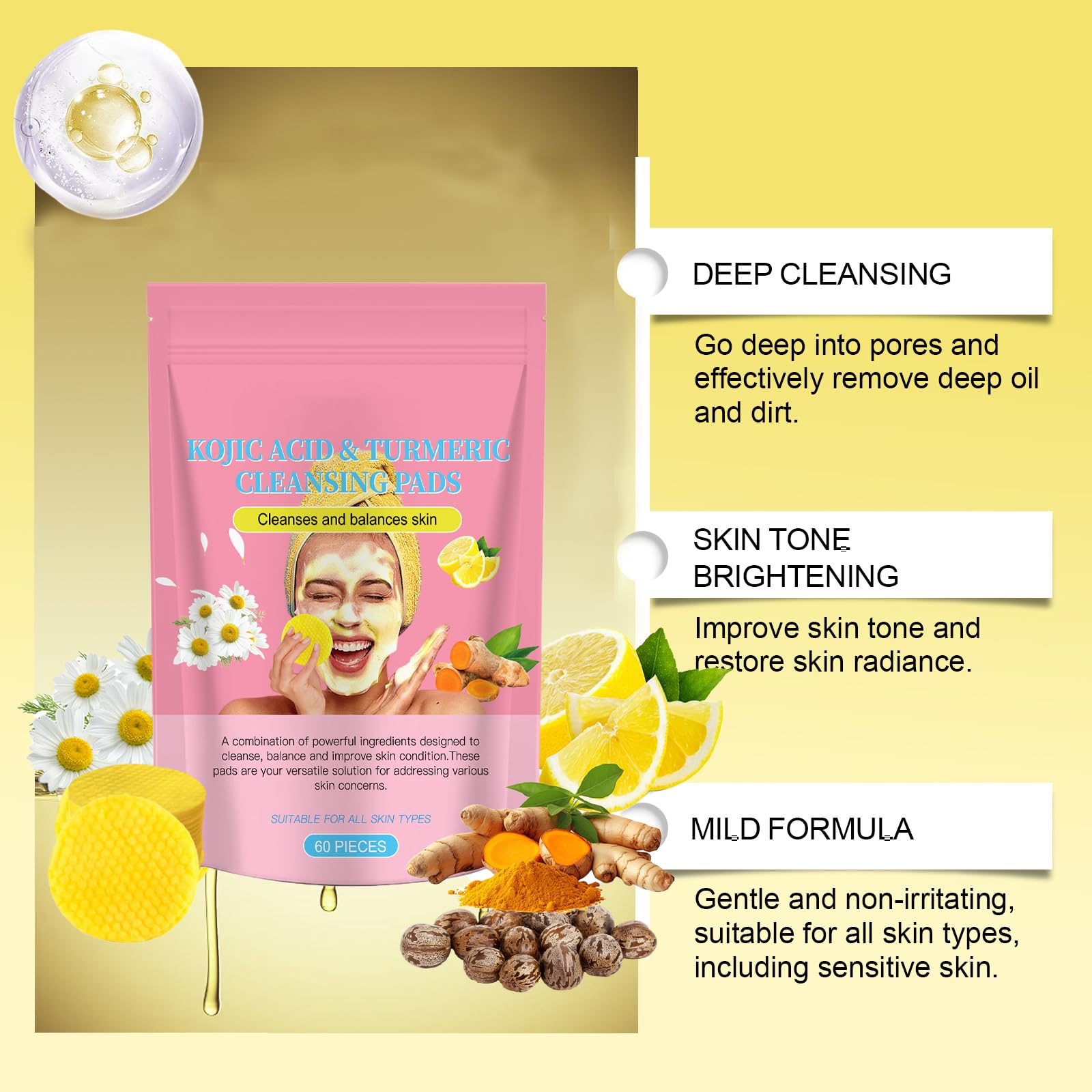 Tampons Nettoyants au Curcuma pour Le Visage,Kojic Acid Pads,Turmeric Kojic Acid Pads,Curcuma Kojic Acid Cleansing Pad,Curcuma Exfoliants Pad,Curcuma Éponge Nettoyante Pour Visage,60 Pièces