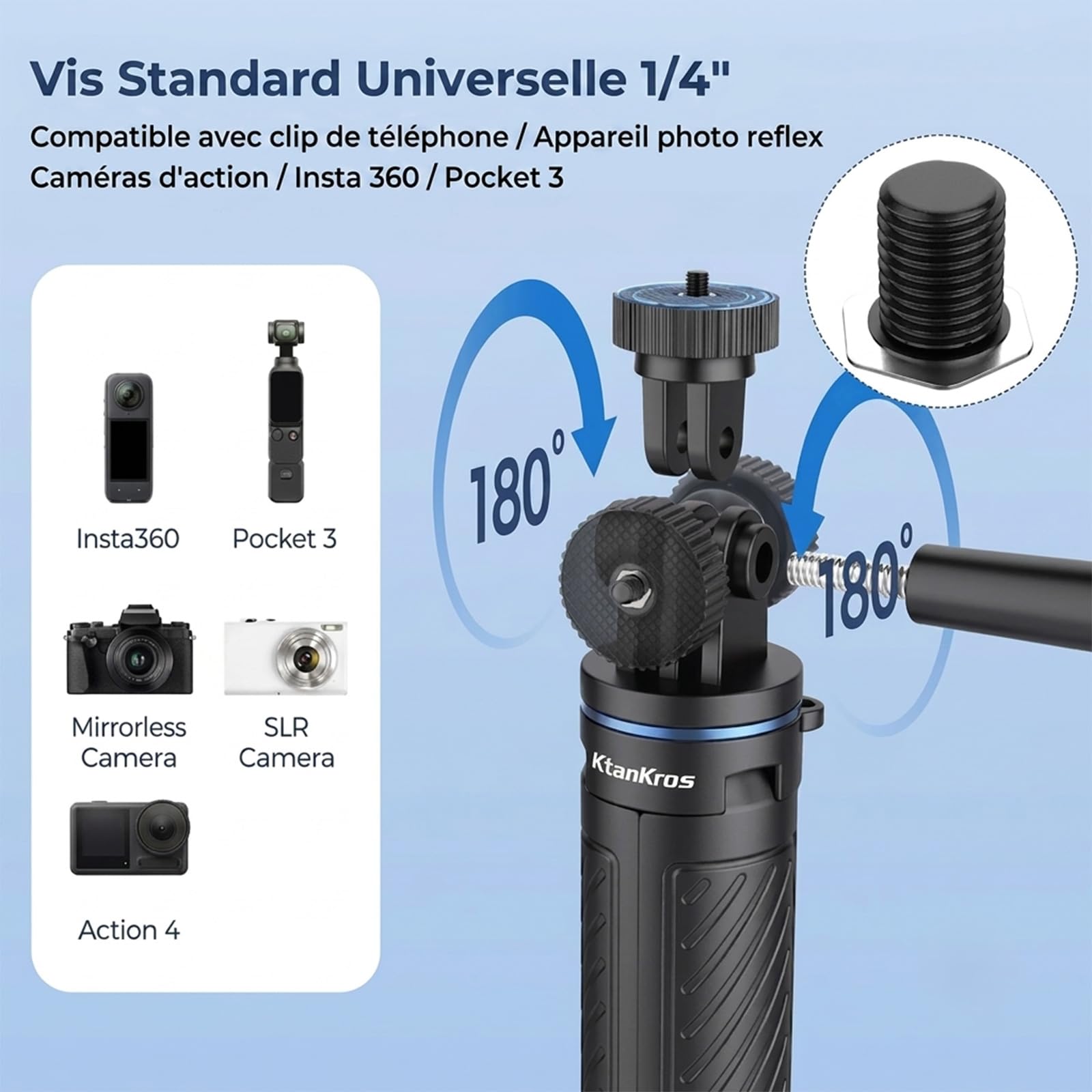 Mini Trépied pour Perche à Selfie 31 cm, Trépied GoPro, Perche à Selfie Portable, Compatible avec DJI Osmo Pocket 3, GoPro Hero 13/12/11, DJI Osmo Action, Insta360