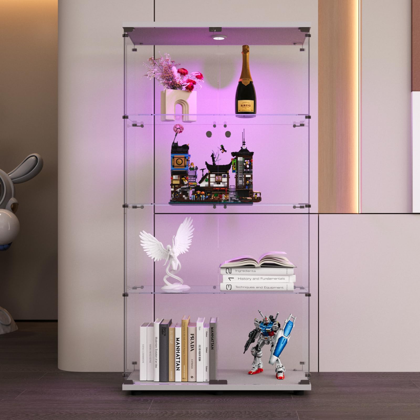 Szklana gablota z diodami LED, Model kolekcji gabloty z 2 drzwiami i 4 półkami, zamykane drzwi, przezroczyste szklane okno przedpokój, salon barowy meble (H biały, dwudrzwiowy LED)