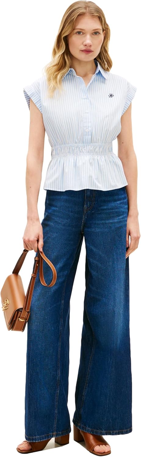 Tommy Hilfiger Women's Sleeveless Cotton Button Down Shirt Smocked Waist Blouse Peplum Top