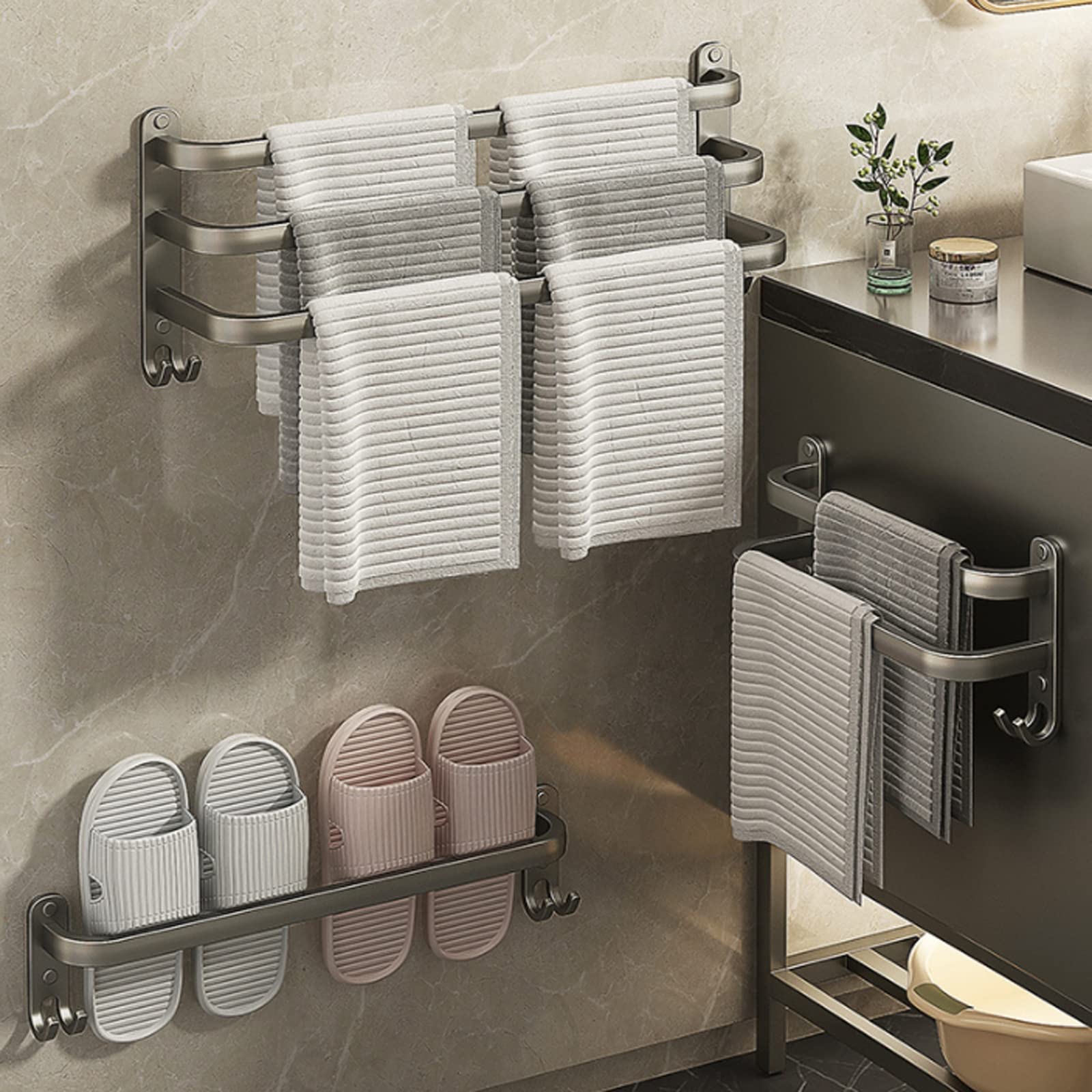 Portasciugamani da parete a 3 ripiani, senza trapano, in alluminio, con 2 ganci, mensola salvaspazio per cucina e hotel, design elegante bianco, 60 cm