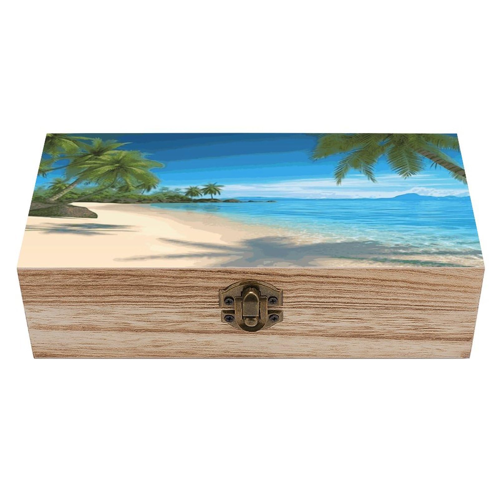 Btcowzrv Style Hawaiian Beach With Palm Trees Wooden Storage Box, Keepsake Box With Hinged And Retro Lock, Wood Jewelry Organizer For Photos & Mementos And Home Decor