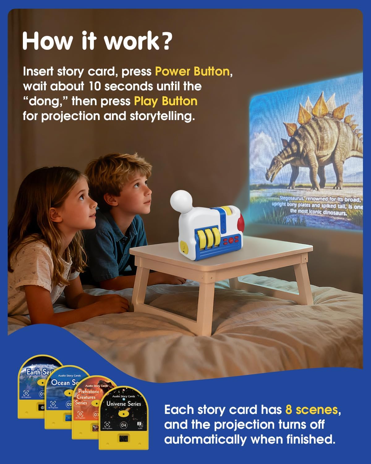 Story Projection Machine with 4 Story Cards, Built-in Audio Player, 9 Sleep Sounds & Gradient Night Light, Gift Toy for Toddlers and Kids (Boys & Girls) Age 3+, Battery or USB Powered