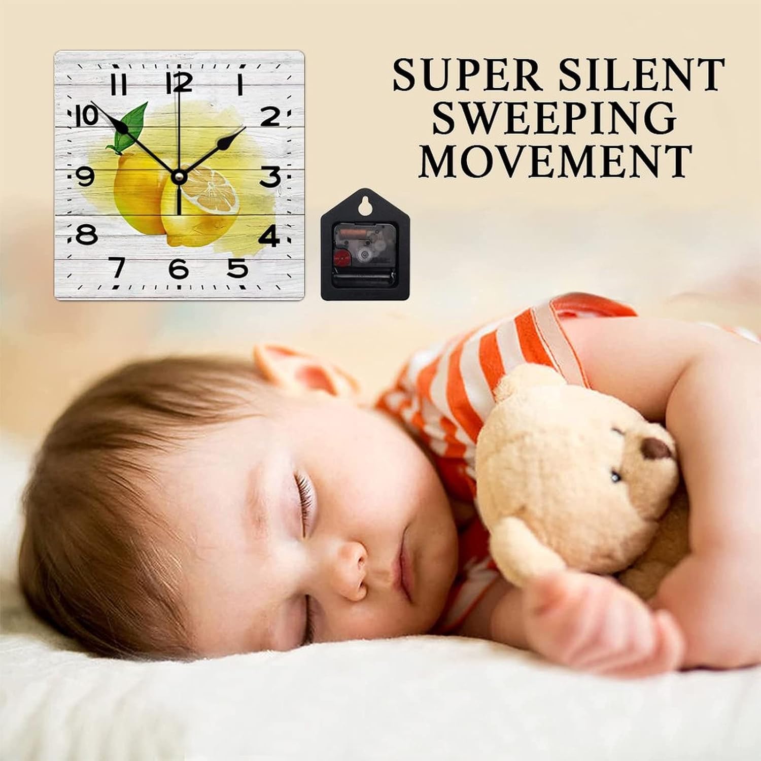 Wooden Wall Clock Fruits and Rustic Wood Lemon Battery Operated Square Wall Clock Stylish Classical Style Wood Clock Wall Decor Home Decor Clock for Bedroom Dining Room Dining Room 15 Inch