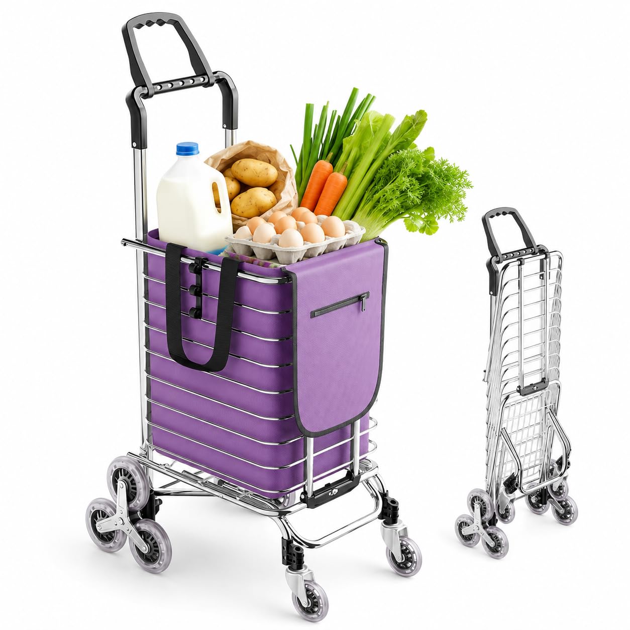 35L Folding Shopping Trolley 4 Wheels, Lightweight Shopping Cart, Purple