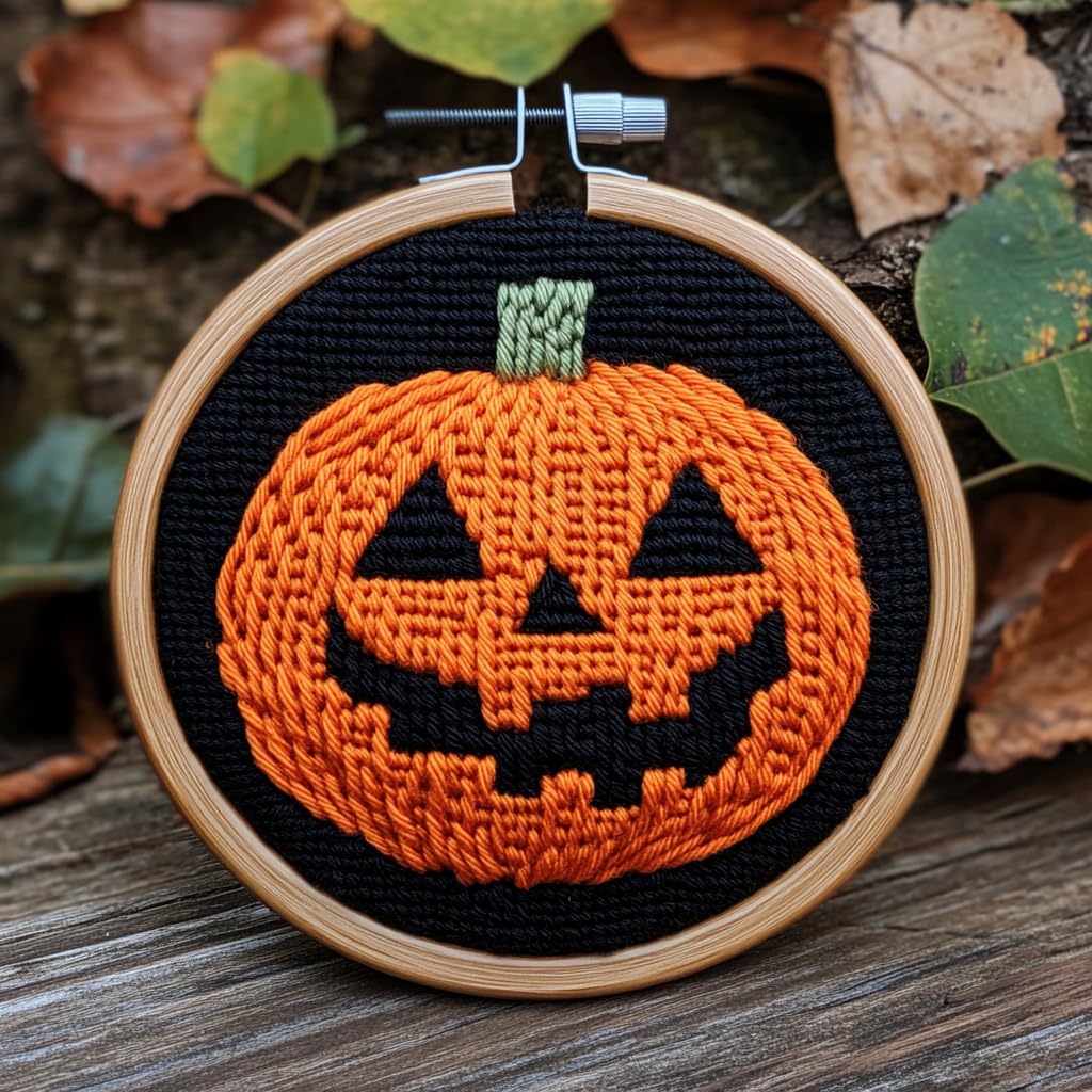 DIY Punch Needle Kits Halloween Pumpkin Easy for Beginners Punch Needle Embroidery Set with Hoop Stamped Pattern for Craft Lovers and Home Decor-1