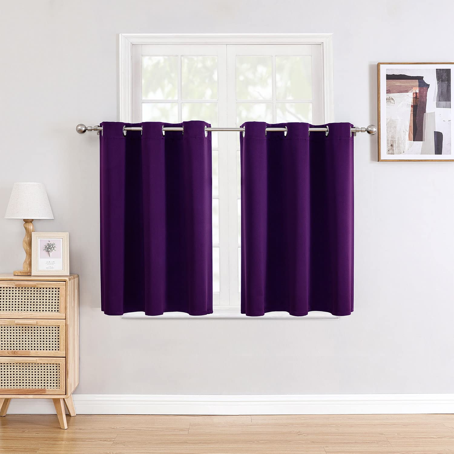 ChrisDowa Small Blackout Curtains for Kitchen and Bedroom 36 Inches Long | 2 Panels Set, Thermal Insulated, Room Darkening, Grommet, Short Window Drapes, for Living Room, Royal Purple, 52 x 36 Inch