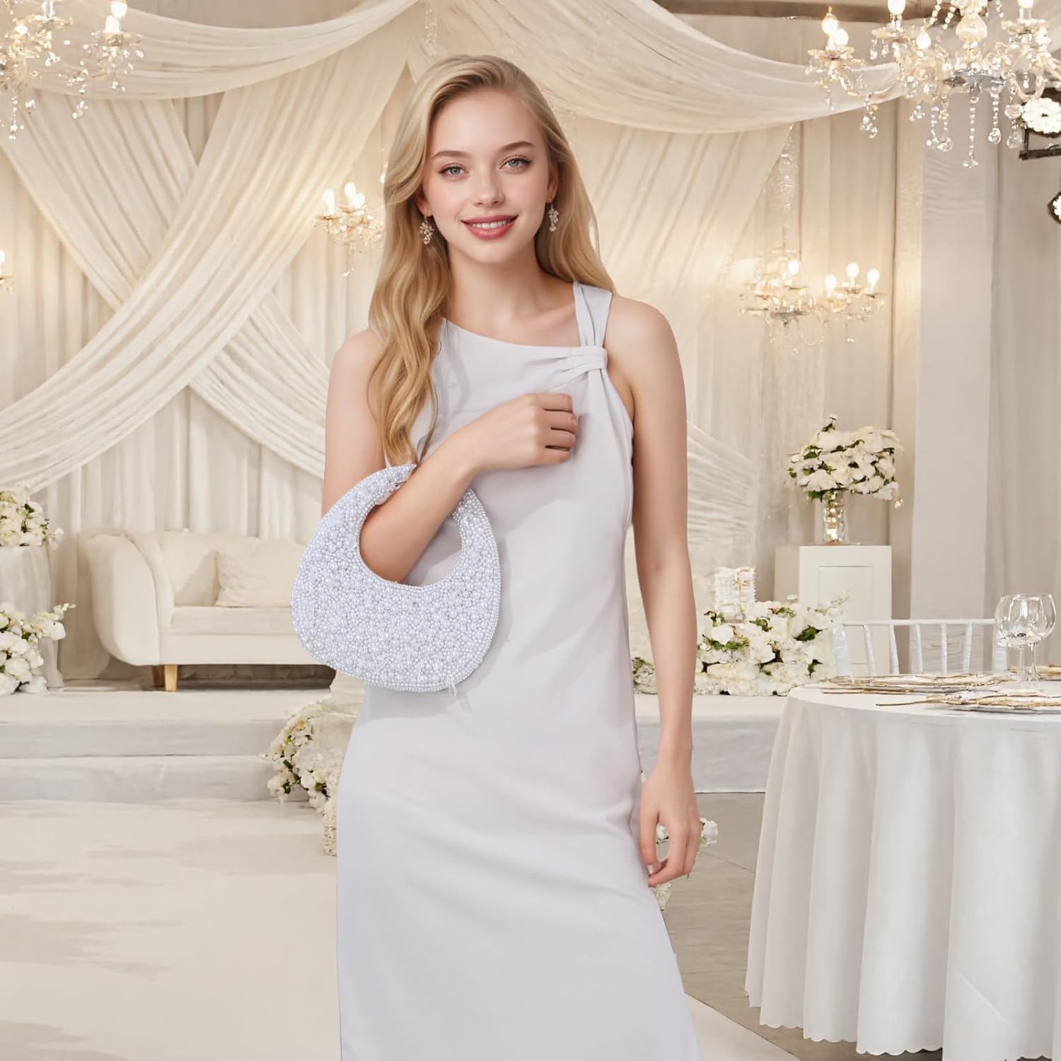 Oweisong White Pearl Clutch Purse for Women Formal Bride Evening Bag Beaded Handbag Tote Wallet for Party Wedding