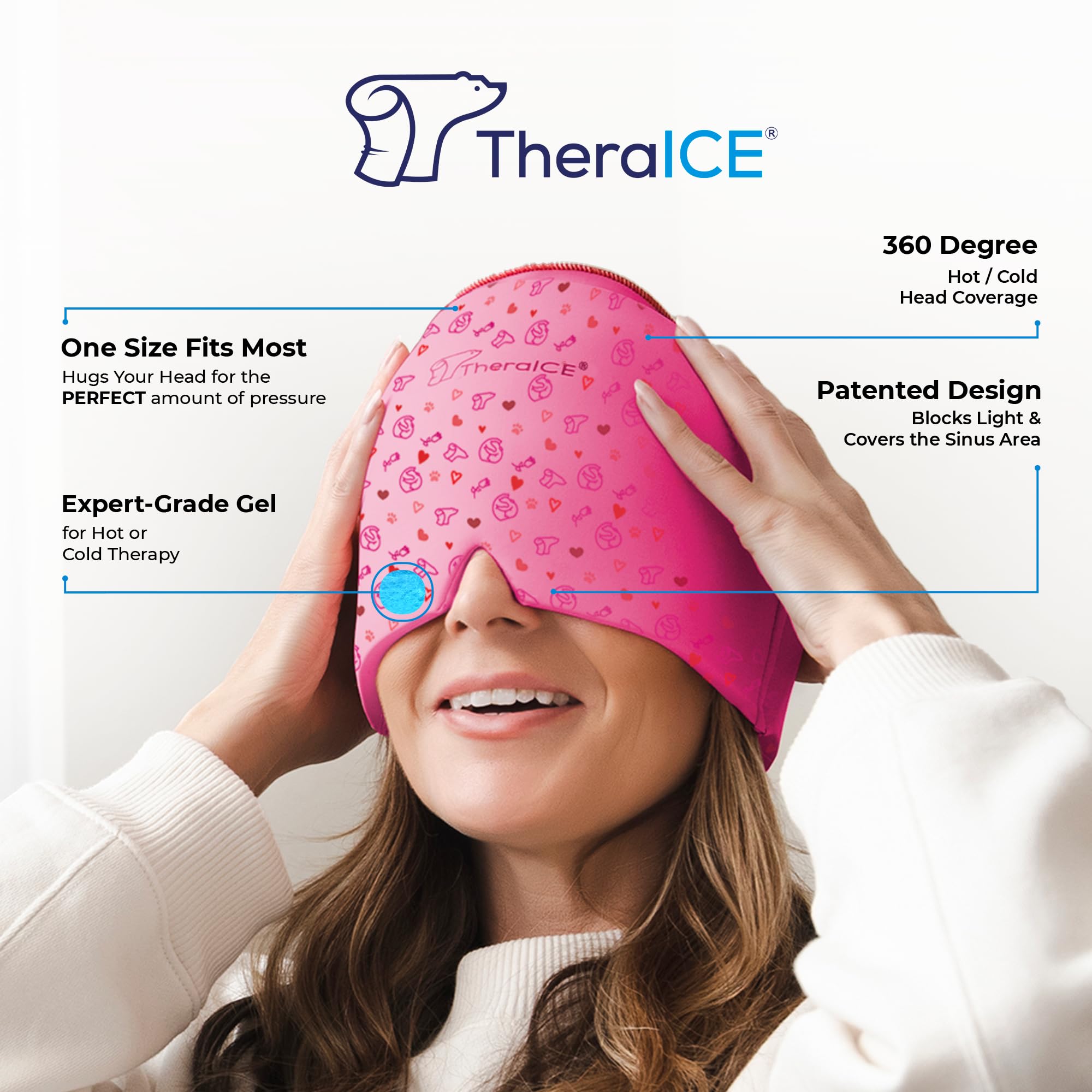 TheraICE Migraine Relief Cap | Soothing Headache Hat Ice Pack Mask | Face Cold Compress Cooling Gel Head Wrap Products for her Sinus Tension Stress Hangover & Puffy Eyes | Great Birthday Gift for Mom: Red One Size