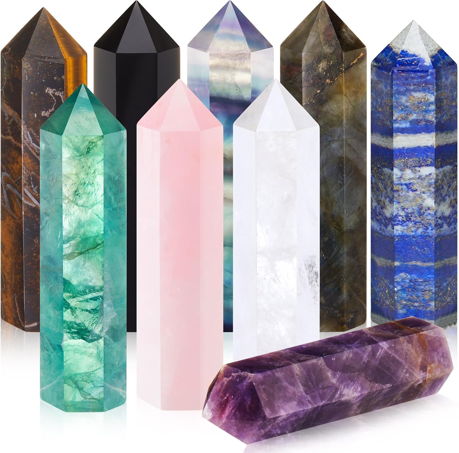 Junkin 9 Sets Healing Crystal Wand, Amethyst Rose Quartz Clear Quartz Tiger Eye Obsidian Fluorite Labradorite Lapis Lazuli for Meditation Crystal Therapy Reiki Supplies(Mixed Color,3.2-3.5 Inch)