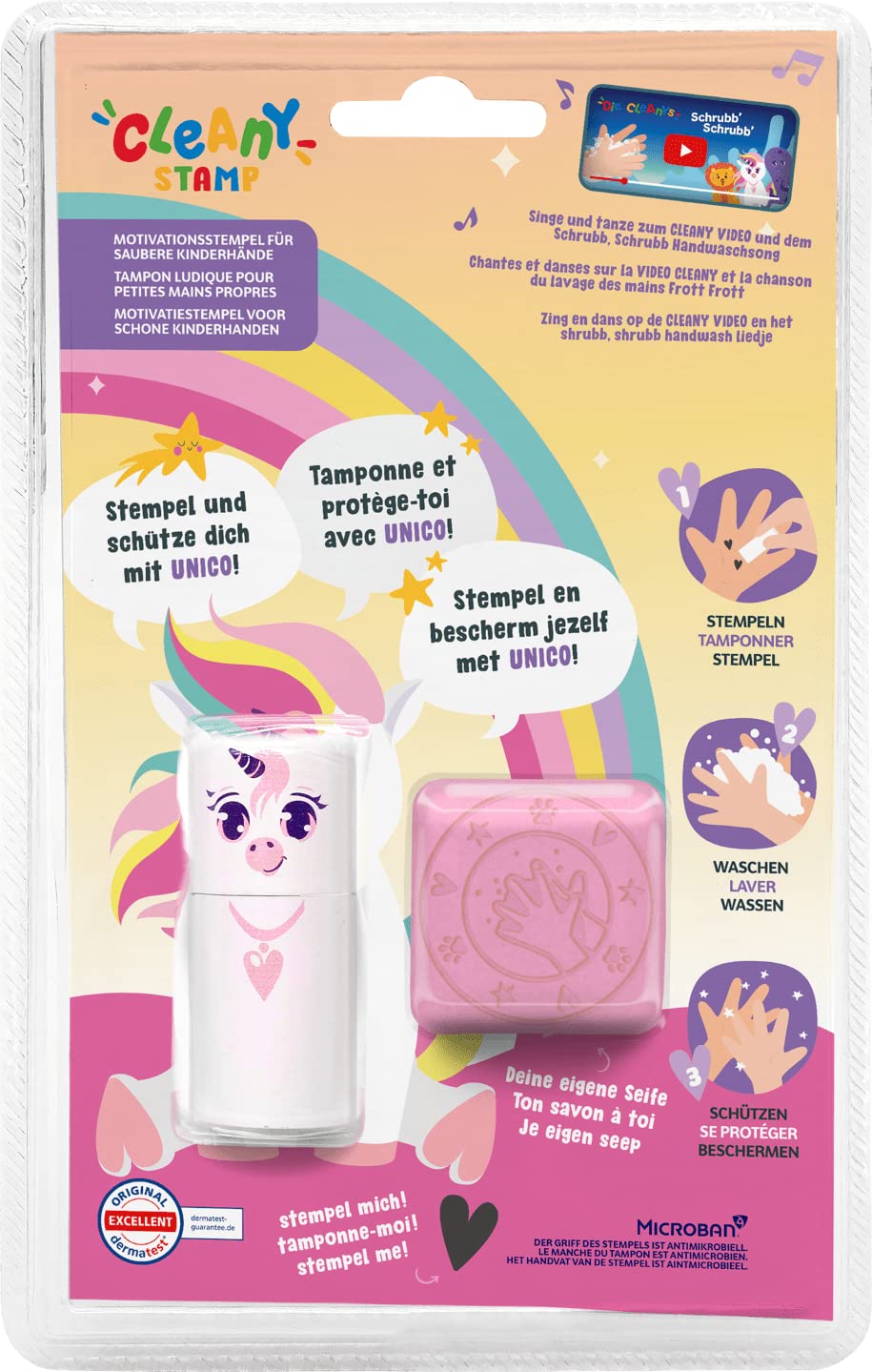 COLOP Juego de sellos para lavar las manos, sello de recompensa y sello de motivación en uno, diseño de unicornio, juego con jabón a juego