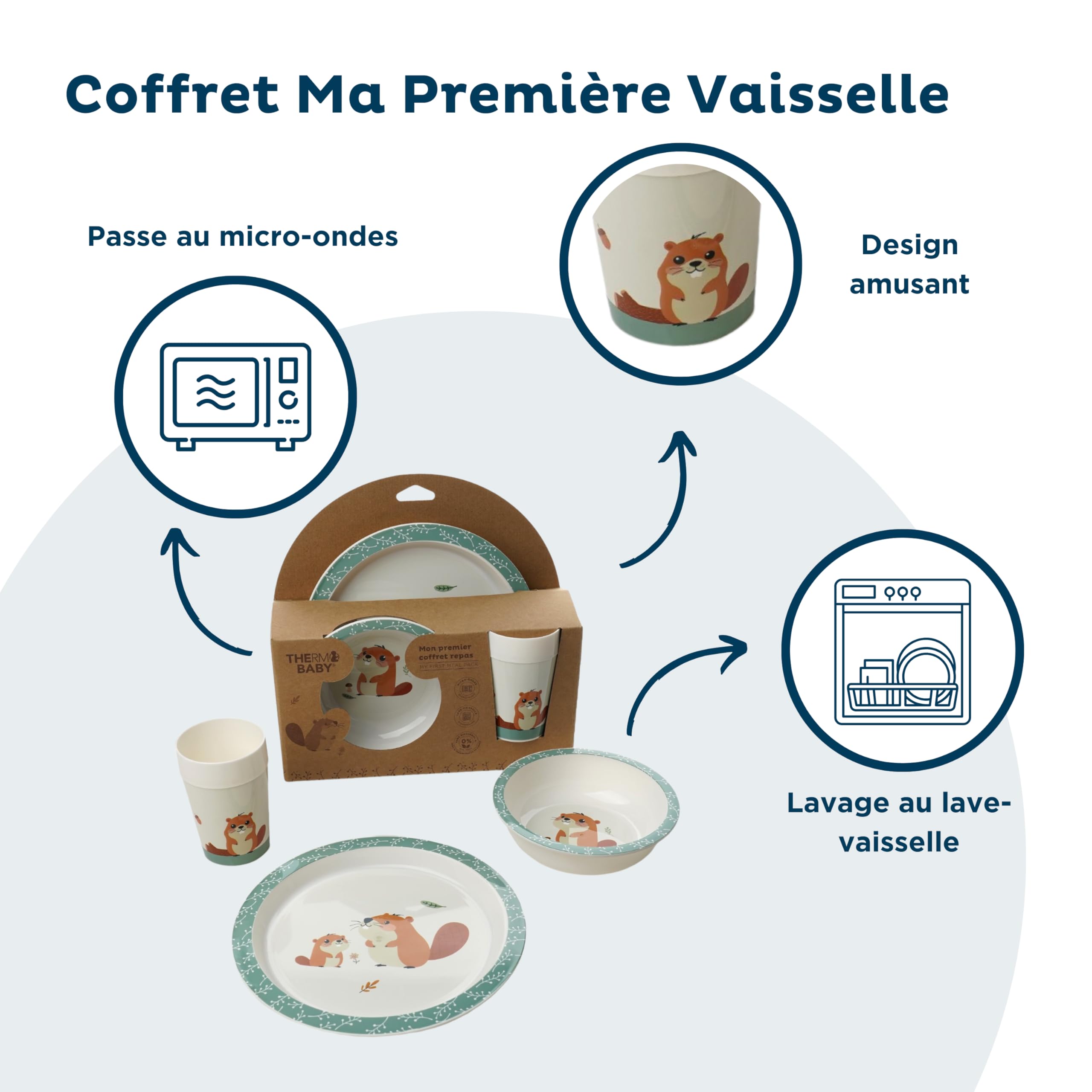 Rehausseur de chaise pour enfant + Boîtes de conservation + Coffret vaisselle micro-ondes + Bavoir semi-rigide