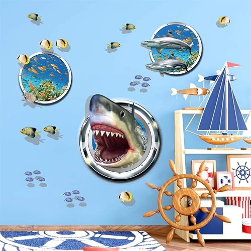 Miniatura 2 de Calcomanías de pared 3D con diseño de tiburón, peces tropicales, bricolaje, decoración artística para niños, dormitorio, sala de juegos