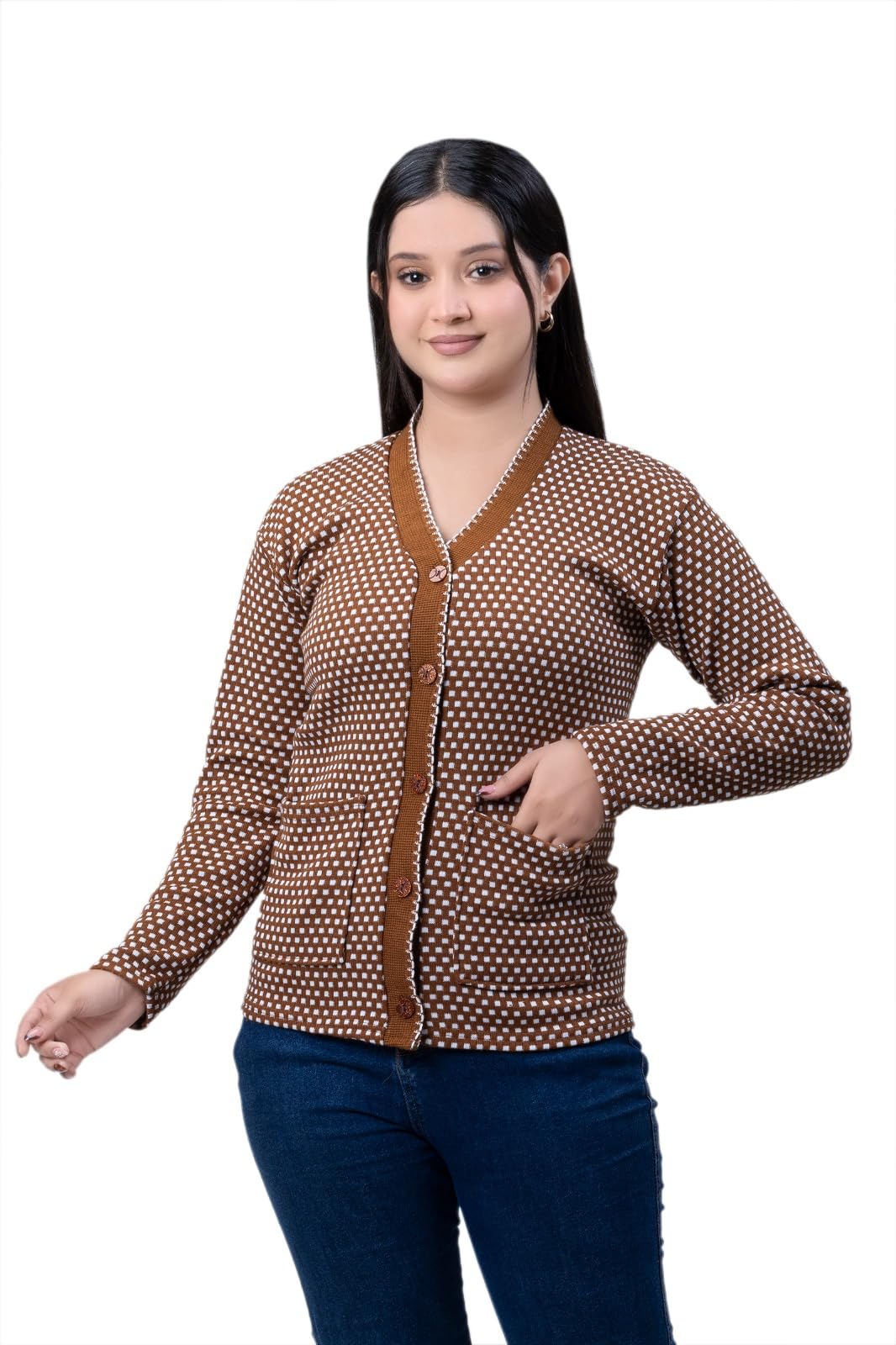 woolvella Women Dotted Print Sweater Cardigan Winter Wear V Neck Full Sleeves Stylish Women Cardigan Sweater (Brown)-picture-42